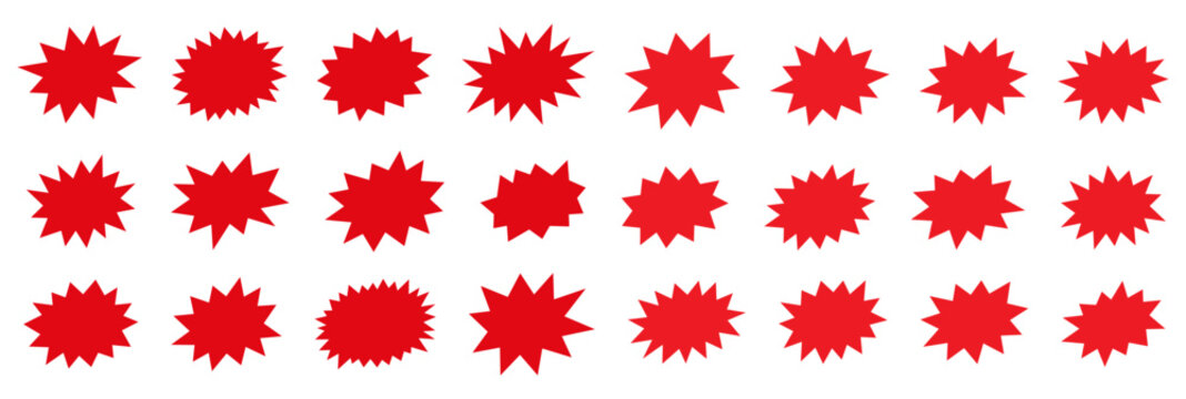 Red starburst sale sticker set. Flash explosion star burst badges collection, blank promotional price tag and special offer discount comic explosion labels bundle