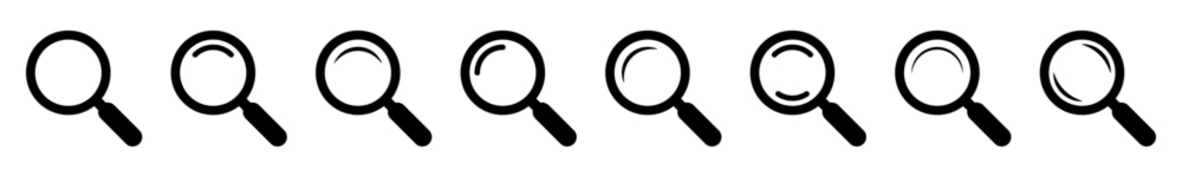 Magnifying glass search icon set. Outline black loupe symbols collection with various lens glare highlights and reflections, magnifying tools for web find, zoom, discovery and analytics
