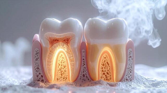 Cross-section dental anatomy, glowing core. Smoke elements. Close-up view