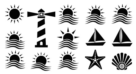 A collection of black and white vector icons representing various nautical and summer themes, including a lighthouse, sun, waves, sailboats, a starfish, and a seashell. © Nevermind
