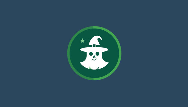 Cartoon ghost icon wearing witch hat on green background.
