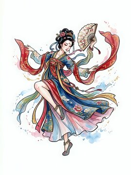 Asian woman in traditional flowing silk robes with fan, dancing gracefully with watercolor splashes. Isolated on white background, ready for design, apparel, and creative projects.