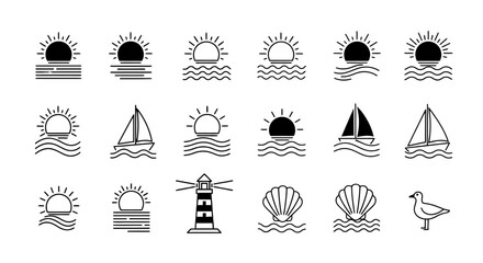 Collection of minimalist line art icons depicting nautical and marine themes including sun, waves, sailboats, lighthouse, seashell, and seagull. © Nevermind