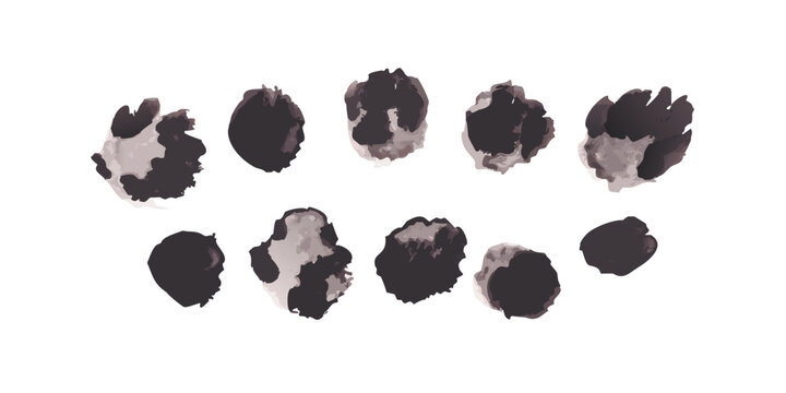 Collection of Abstract Dark Watercolor Ink Blots on White