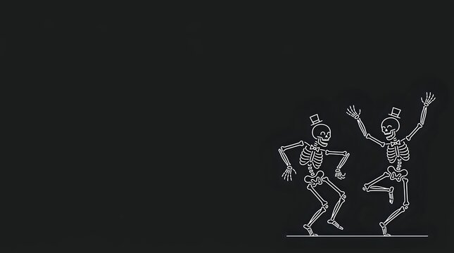 Two skeleton figures dancing and celebrating on dark background, isolated line art suitable for Halloween designs, t-shirts, and festive graphics.