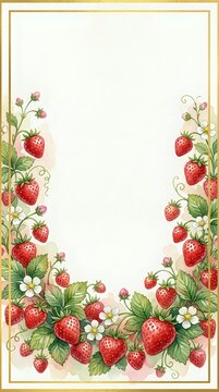 Strawberry border frame with red berries, white flowers, green leaves, and gold trim on cream background, isolated and ready for invitations, menus, certificates, and design projects.