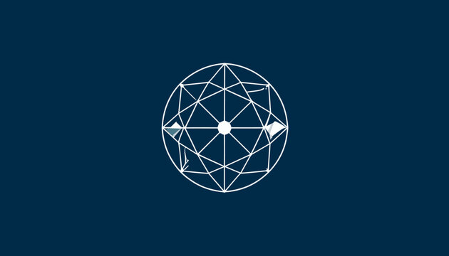 Geometric white wireframe circle logo on dark blue background.