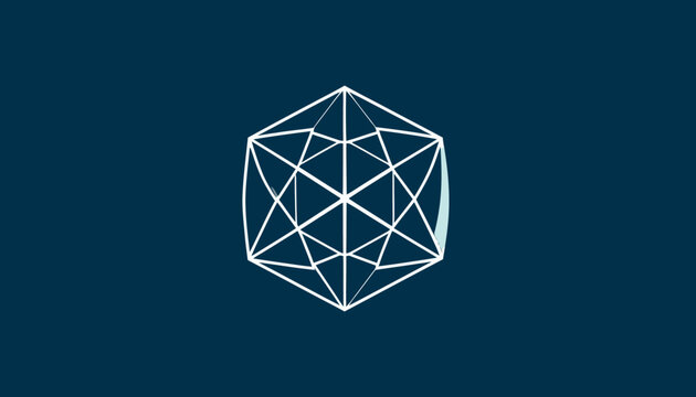 Geometric wireframe icosahedron icon on dark blue background.