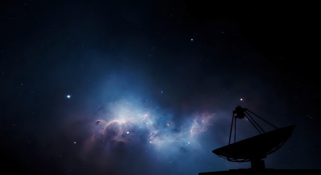 Satellite dish silhouette against cosmic nebula with glowing blue and purple stardust, stars, and space exploration theme for astronomy and science communications.