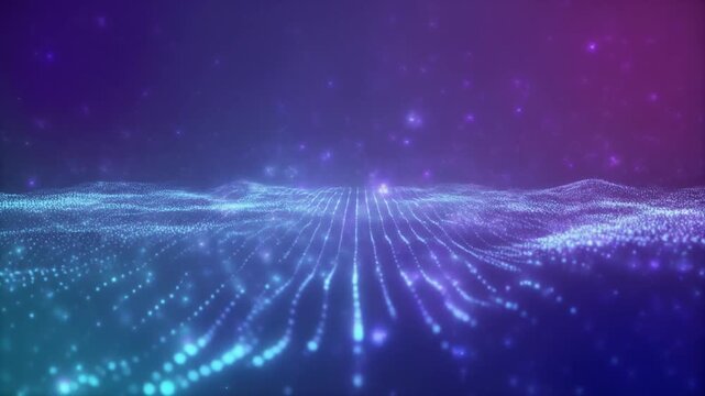 半透明の光の波が横へゆっくり流れて重なり柔らかな青と紫のグラデーションに小さな発光粒子が漂う