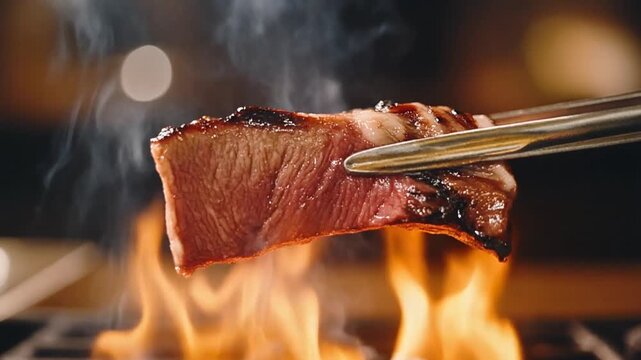 焼き上がった和牛をトングで掲げ背後の燃え上がる炎が香ばしい焼き色と肉汁や艶やかな脂を力強く照らす