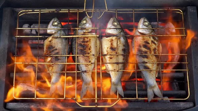 炭火の金網に四尾の大型魚が並び黒く香ばしく焼けた皮を赤橙色の炎と煙や高温の熱気が豪快に包む