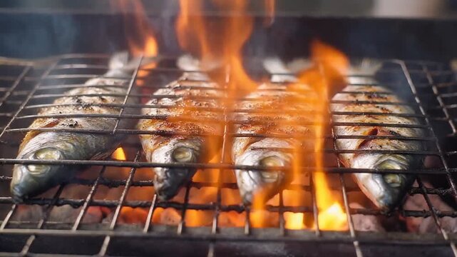 焼き網に4尾の焼き魚が並び香ばしい皮の焦げ目を燃え上がる炎と煙が包み金網の金属感を力強く照らす