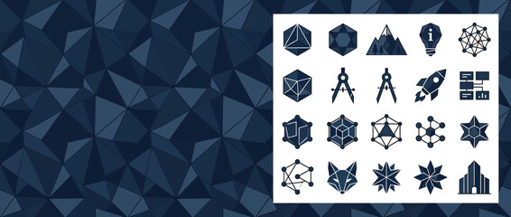 Geometric Abstract Background with Icons: Technology, Science, Business, and Design © ades