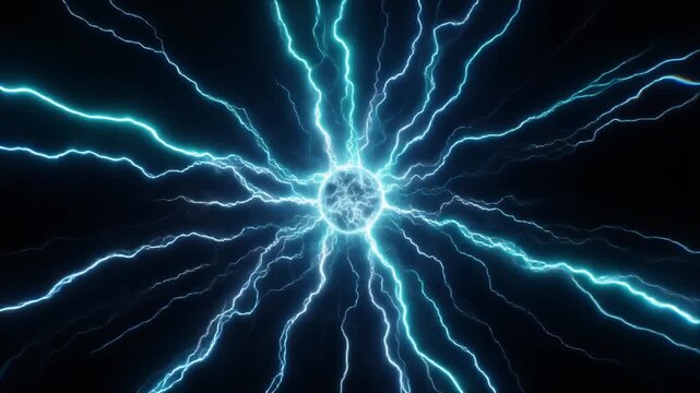 漆黒の空間中央に高密度エネルギーコアが輝き無数の青白い電撃と発光線が全方向へ爆発的に広がる