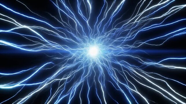 中央の発光コアから無数の青白いエネルギー線が手前へ放射状に伸び強い光と放電が立体的なワープを作る