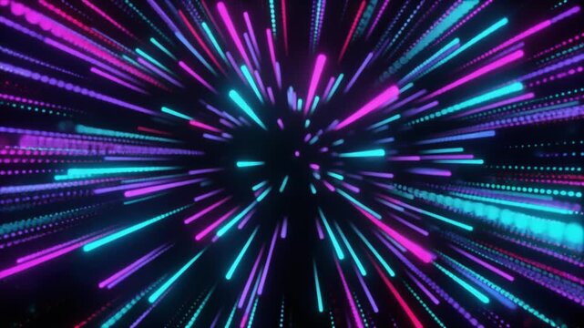 青や紫やピンクの無数の発光粒子と光跡が中心へ渦を描いて高速で流れ込み強い遠近感のワープ空間を作る