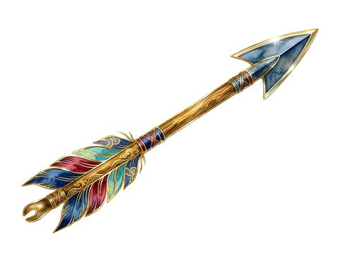 Ornamental arrow with colorful feather fletching and metallic arrowhead, isolated on white background. Suitable for tribal designs, fantasy artwork, and decorative applications.