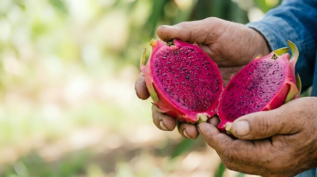 Male farmer with medium skin tone holding freshly harvested dragon fruit halves, displaying pink flesh with small black seeds, outdoor agricultural setting with blurred green foliage background.