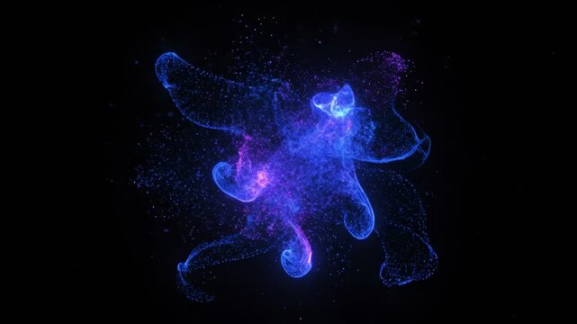 A nebulous blob of glowing blue and pink particles against a black background