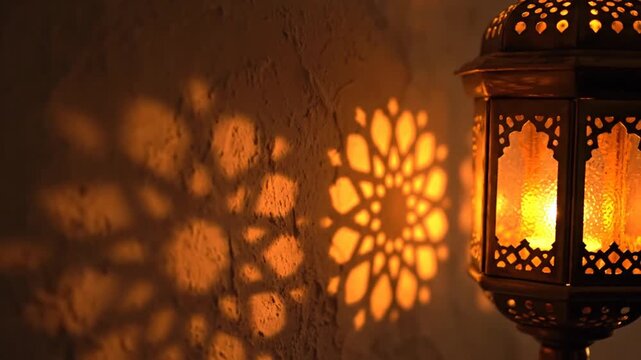 Illuminated golden moroccan lantern casting intricate shadows on a wall