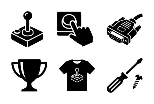 Gaming Icons Set: Joystick, Button, VGA Cable, Trophy, T-Shirt, Tools
