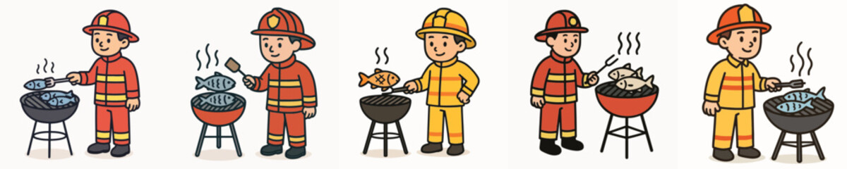 Set of vector illustrations of a firefighter grilling fish. © sarah16blakeyxh2