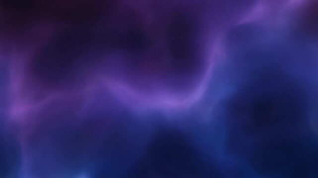 Looping ethereal deep purple and blue nebula gas or cosmic clouds moving through outer space with small distant stars for sci fi background