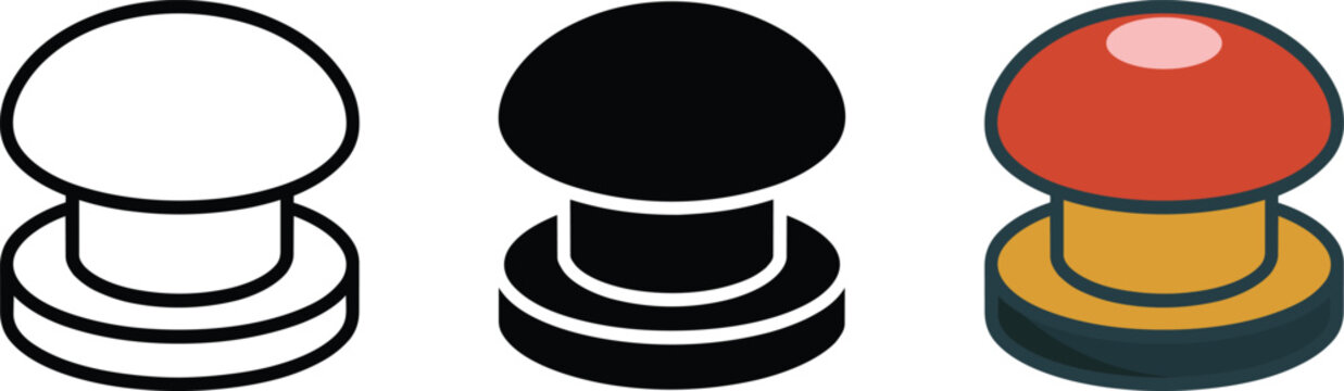 Red emergency push button icons in black silhouette and flat color variations for game buzzer or industrial switch interface and stop start and panic