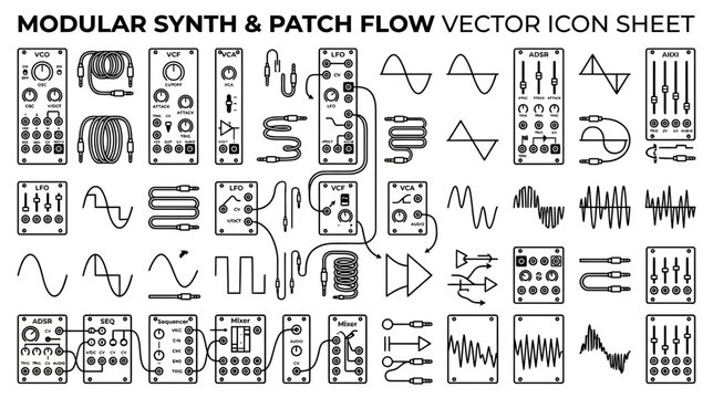 Modular Synth Icon Sheet: Patch Flow, Waveforms, Modules & Cables Vector Set