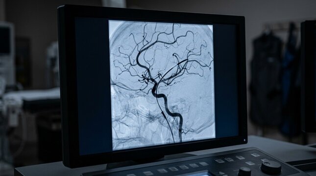 Digital subtraction angiography image displayed on a fluoroscopy monitor during catheter navigation | Medical Procedure Stock Photo