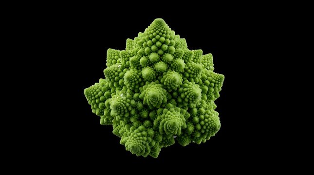 Romanesco broccoli isolated on black background, closeup of a fractal vegetable, natural geometric pattern, vibrant green vegetable, organic food, macro photography