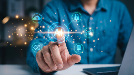 Fototapeta premium Person Interacting With Artificial Intelligence Interface Featuring Digital Icons For Cloud Computing And Data Security Solutions