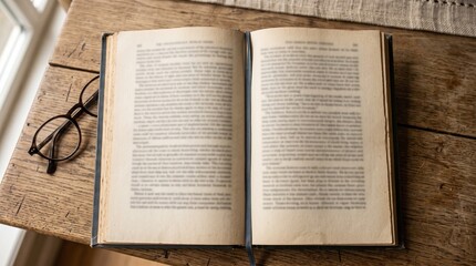 Fototapeta premium Open vintage book with reading glasses on rustic wooden table
