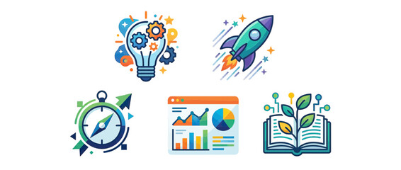 Innovation, Growth, Navigation, Data Analysis, and Education Icons © afgan