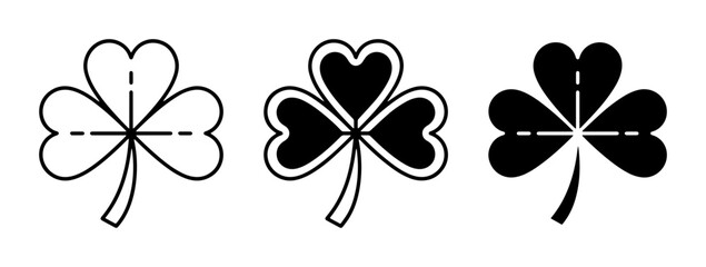 Obraz premium 3 Shamrock Icons Outline Filled Silhouette, for St. Patrick's Day