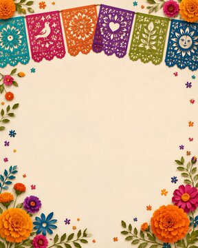 Floral papel picado border and marigold copy space background with paper cut social media blank space