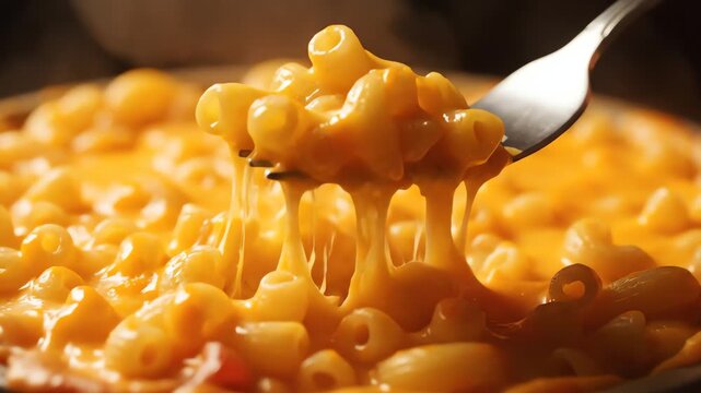 A silver fork plunges into a dish of creamy, cheesy macaroni and cheese