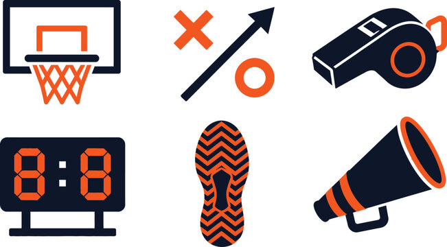Professional vector illustration set featuring six essential basketball equipment icons rendered in a stylish bold orange and dark navy palette