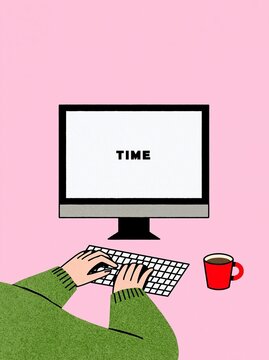 Illustration of hands typing at desktop computer with word TIME on the screen pink background