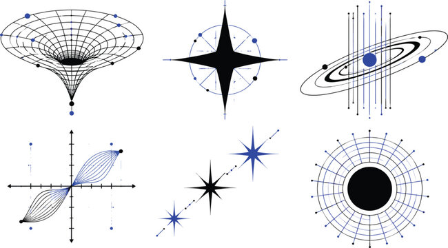 Minimalist vector illustration set featuring black and blue cosmic geometric symbols including star shapes, orbital paths, and mathematical grid graphs.
