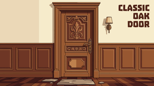 Classic oak room door with carved wooden panels, antique bronze handle, timeless craftsmanship, luxurious natural finish, elegant residential interior, refined architectural style