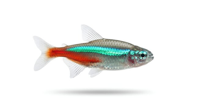 Vibrant Neon Tetra fish isolated on a white background.