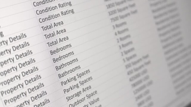 Real estate property database spreadsheet on computer screen with housing market analytics