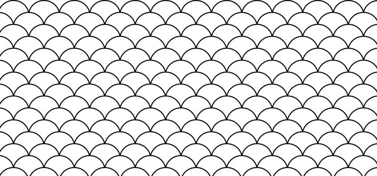 Scalloped semicircle pattern, fish scale vector design, geometric overlapping outlines, minimalist black white repeating grid texture for backgrounds