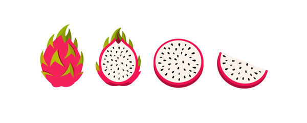 Dragon fruit pitaya whole half slice cut illustration, tropical exotic fruit anatomy design vector for healthy food and nutrition © Ruman