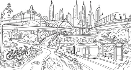 Fototapeta premium City landscape. Line urban backdrop, different buildings on street, doodle street draw, outline cityscape hand sketch, flat houses. Hand drawn vector illustration