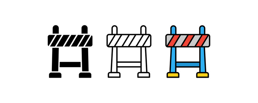 Construction barricade icons, striped roadblock vector graphics, black outline colored safety barrier designs for traffic, warning, and engineering projects
