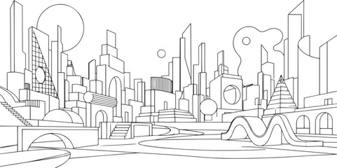 Obraz premium City landscape. Line urban backdrop, different buildings on street, doodle street draw, outline cityscape hand sketch, flat houses. Hand drawn vector illustration