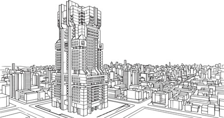 Fototapeta premium City landscape. Line urban backdrop, different buildings on street, doodle street draw, outline cityscape hand sketch, flat houses. Hand drawn vector illustration